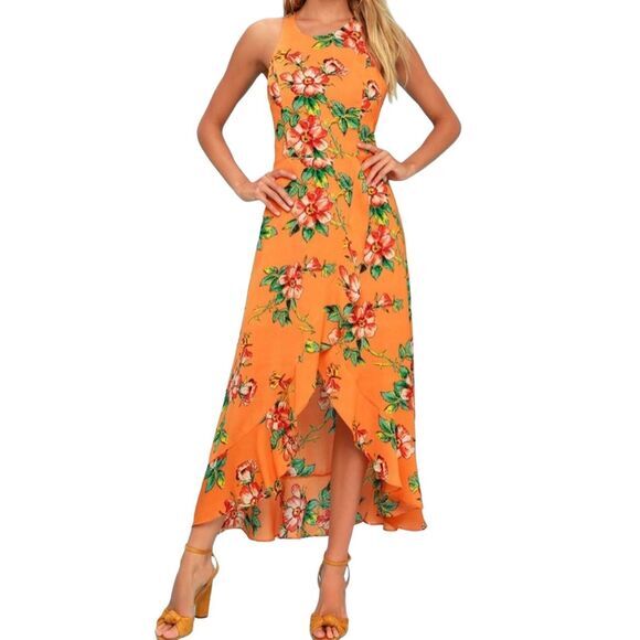 D1 Ali &‎ Jay Orange Floral Maxi Dress Size Small - Picture 1 of 9